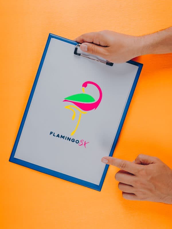 Manos de hombre señalando hojas de papel con el logo de Flamingo SX